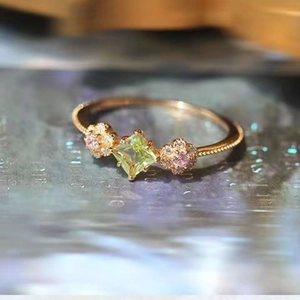 Vintage Square Peridot Floral Ring Copper Gold Plated Adjustable Flower Finger Jewelry For Women