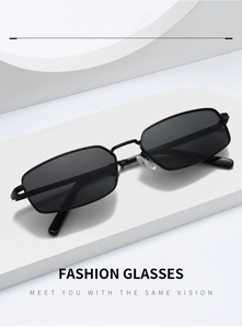 Close-up of black rectangular metal frame sunglasses with dark lenses on white background