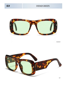 Front and 45-degree angle view of thick demi frame sunglasses with green lenses