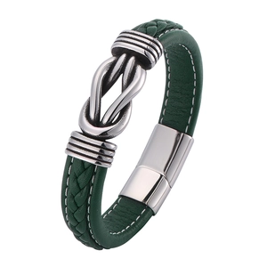 Men's punk green braided leather bracelet with silver knot metal charm and magnetic clasp
