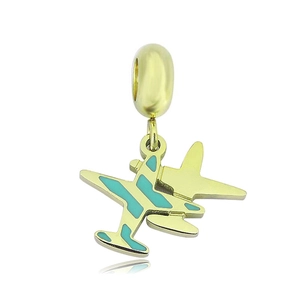 Detail of 18k gold stainless steel airplane pendant with turquoise enamel and jump ring