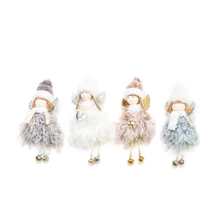 Set of four plush Christmas angel dolls with fluffy dresses and bells for tree decoration
