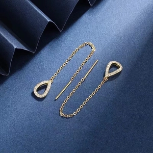 Elegant 925 silver needle gold waterdrop tassel threader earrings with sparkling zircons