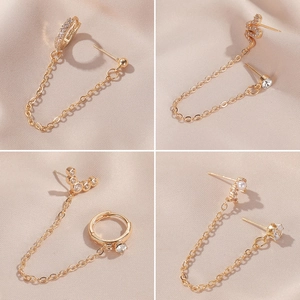 Gold long chain earrings set featuring snake and U-shaped cuffs with zircon and pearls