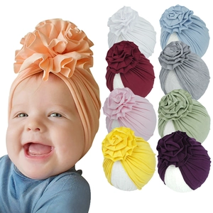 Bonnet Turban Bébé Grande Fleur Plissée Mélange Coton Doux Beanie Extensible Pour Nouveau-né Tout-petit Filles Accessoire