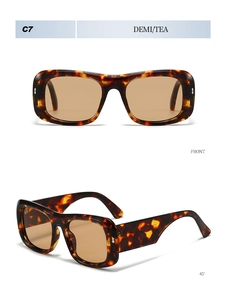 Detail view of C7 tortoise shell thick frame sunglasses with tea lenses from two angles