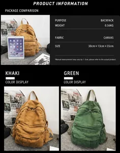 Comparativa de tamaño con iPad y opciones de color para mochila de lona lavada