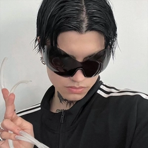Y2K futuristic rimless oversized butterfly sunglasses in black with street fashion style
