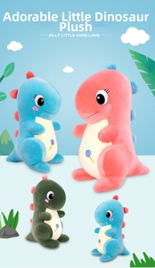 Detail of plush dinosaurs in pink and blue with colorful lollipop embroidery and soft spikes