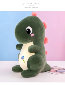 Detailed view of plush dinosaur toy featuring soft fabric and colorful candy embroidery