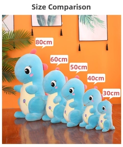 Detailed size comparison of five blue dinosaur plush toys ranging from 30cm to 80cm tall