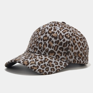 Detail of classic leopard print baseball cap with six-panel design and curved brim style