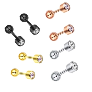Surgical stainless steel barbell stud earrings with round cubic zirconia in four colors