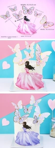 Detailed size guide for gold-edged butterfly and lady cake toppers in pink and purple colors