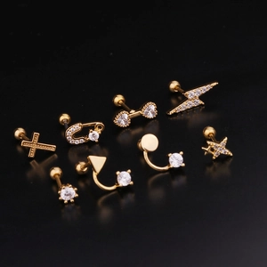 Set of 8 gold stainless steel cross and star ear studs with sparkling cubic zirconia