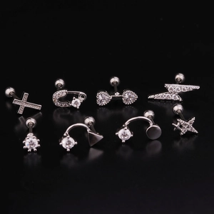 Set of 8 silver stainless steel piercing earrings with zircon in lightning and star shapes
