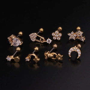 Gold stainless steel cartilage stud set with flower heart moon shapes and clear zircon