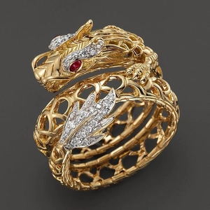 Dragon Ring Alloy Gold Plated Hollow Carved Design With Red White Synthetic Gemstones Punk Gothic Jewelry For Men Women