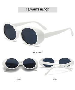 Detailed views showing the front, back and 45-degree angle of white oval sunglasses