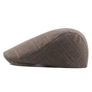 Classic dark brown checkered cotton linen flat cap with vintage British retro style profile