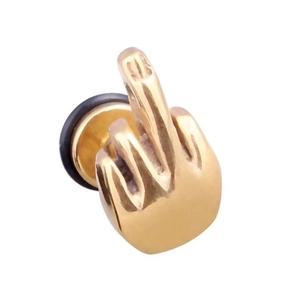 Golden middle finger stud earring in hip hop style made of stainless steel with rubber back