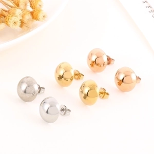 Three pairs of minimalist dome stud earrings in silver, gold, and rose gold finishes
