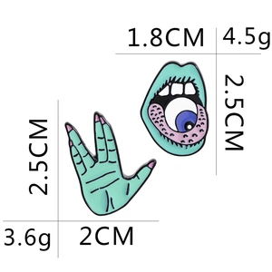 Punk style mint green palm and eye in mouth enamel pins set in high-quality alloy