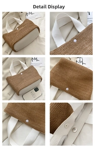 Detail of straw woven handbag with white faux leather base and metal magnetic clasp