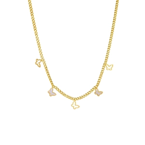 Detail of gold butterfly necklace with mother of pearl shell insets and hollow charms