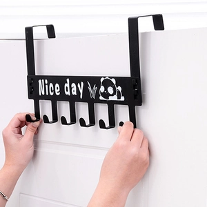 Black metal over-the-door 6-hook rack with cartoon panda and Nice Day text design