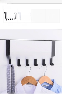 Detail showing white over-the-door rack with 6 hooks and panda design on a white door