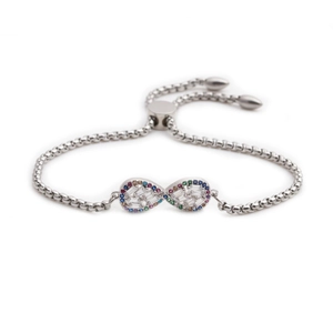 Silver infinity bracelet with colorful zircon stones and adjustable pull-chain closure