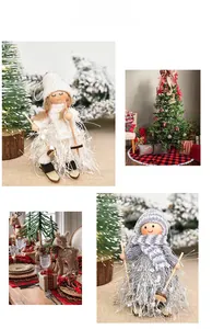 Close-up of knit yarn skiing girl dolls as festive ornaments in various holiday scenes