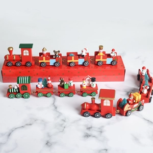 Three rows of red and green wooden Christmas trains with Santa, snowmen, and bears
