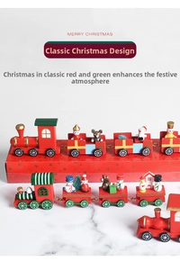 Detailed view of red and green wooden Christmas train with snowman and gingerbread characters