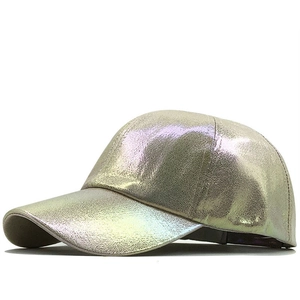 Side view of holographic metallic PU leather baseball cap with six-panel construction