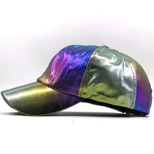 Macro detail of holographic PU leather baseball cap with colorful gradient texture