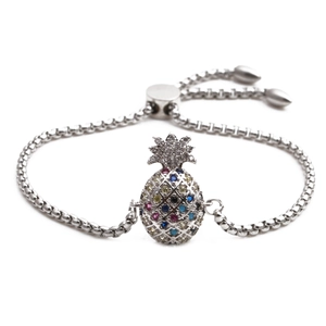 Adjustable stainless steel chain bracelet with colorful pineapple charm and zircon stones