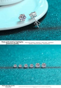 Macro detail of S925 silver moissanite stud earrings with 6-prong setting and plating