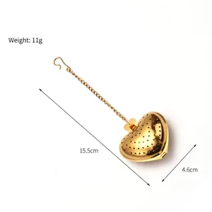 Gouden hartvormige roestvrijstalen theezeef met ophangketting, lengte 15,5 cm