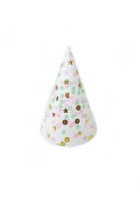 Close-up of white paper party hat with pink mint dots and gold foil star patterns