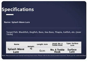Popper fishing lure detailed specifications showing 6cm length and 6g weight parameters