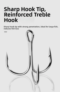 Macro detail of sharp treble hook for lure fishing with high carbon steel finish