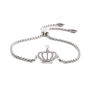 Silver crown link bracelet in stainless steel with cubic zirconia and adjustable slide clasp