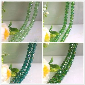 Macro detail of faceted glass crystal beads in four shades of AB coated green
