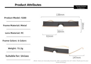 Detailed size specifications for model 9280 slim rectangle metal frame sunglasses