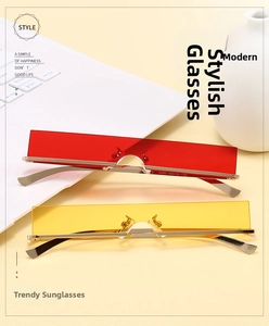 Macro shot of stylish rimless rectangular sunglasses in red and yellow lens colors