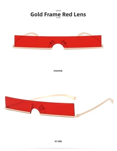 Slim rectangle sunglasses with gold metal frame and red lenses shown from multiple angles