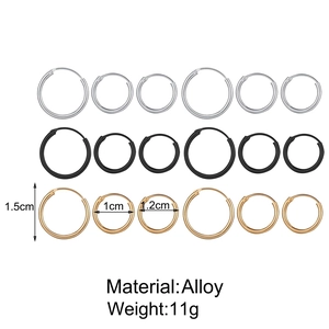 Three sizes and colors of minimalist alloy hoop earrings: gold, silver, and black finishes