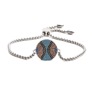 Adjustable stainless steel chain bracelet with crystal basketball charm in silver finish